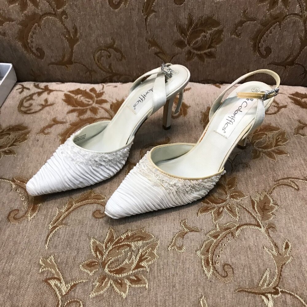 Dye-Able Ivory Satin Bling Beaded Slingback D'Orsay, Formal Pump Dress Wedding
